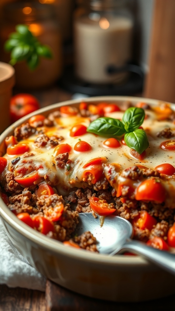 Husband A hearty casserole with ground meat, tomatoes, and cheese, garnished with basil, in a baking dish.